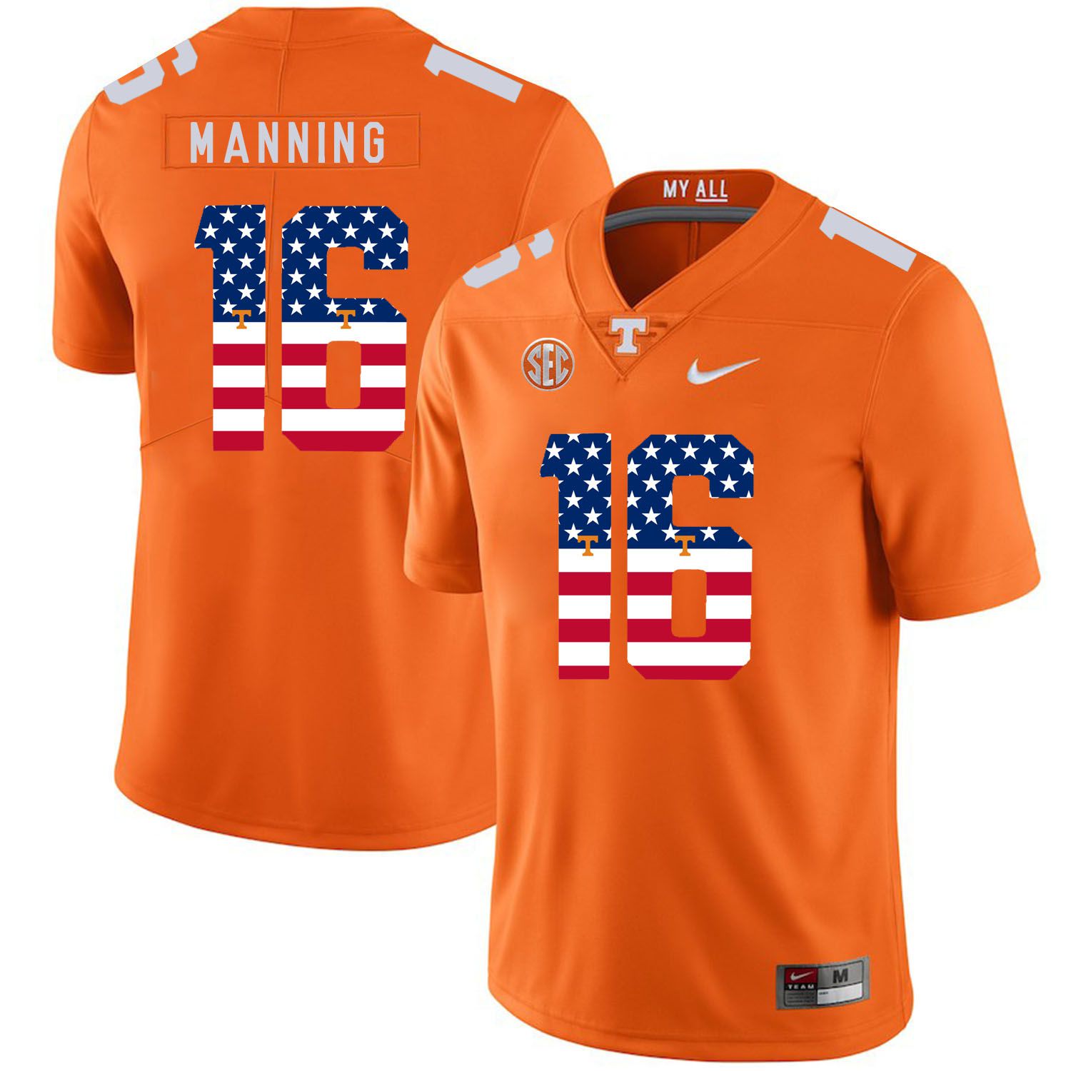 Men Tennessee Volunteers #16 Manning Orange Flag Customized NCAA Jerseys